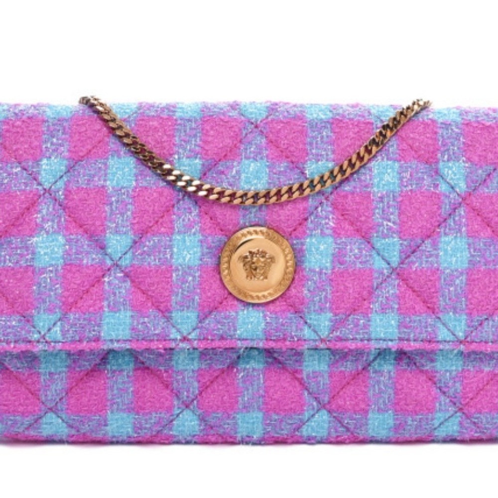 Versace Pink and Blue Checkered Clutch with Gold Chain